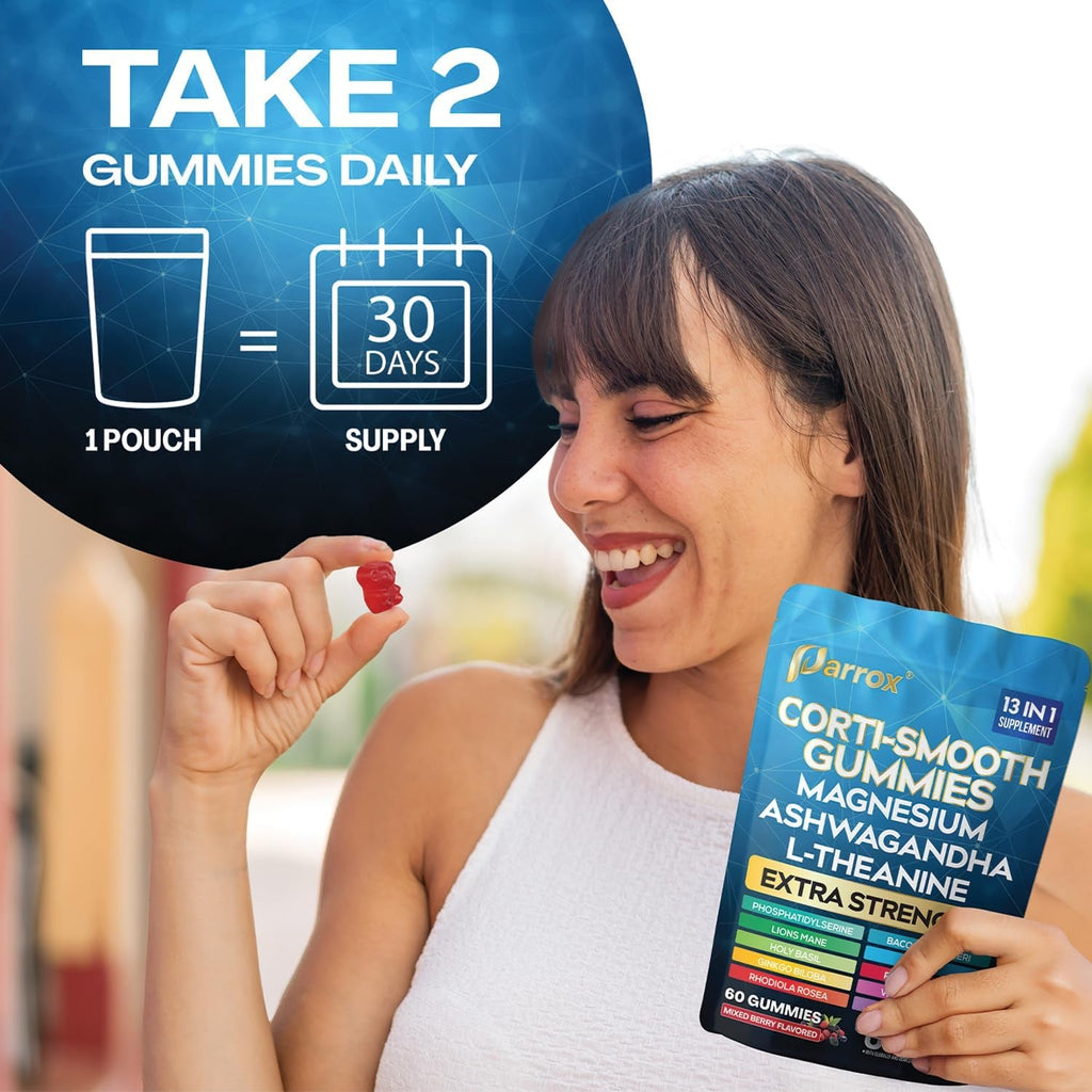 Corti-Smooth Cortisol Support Gummies with Magnesium, L-Theanine, Ashwagandha, Phosphatidylserine, Bacopa Monnieri, Lions Mane, Ginkgo Biloba, Valerian Root (60 Gummies - Mixed Berry Flavor)