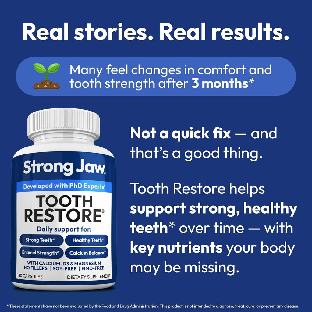 Strong Jaw Tooth Restore for Adults with Remineralizing Gum Support 180 Capsules Made in USA - Teeth Vitamins for Strong Teeth Bone Health Supplement Calcium Vitamin D3 Hydroxyapatite Enamel Repair