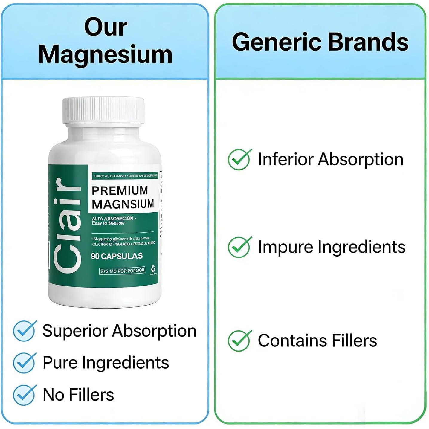 Clair Magnesio Premium, Premium Magnesium Glycinate, Non-Gmo Ingredients, Daily Routine, Vegan-Friendly 90 Capsules
