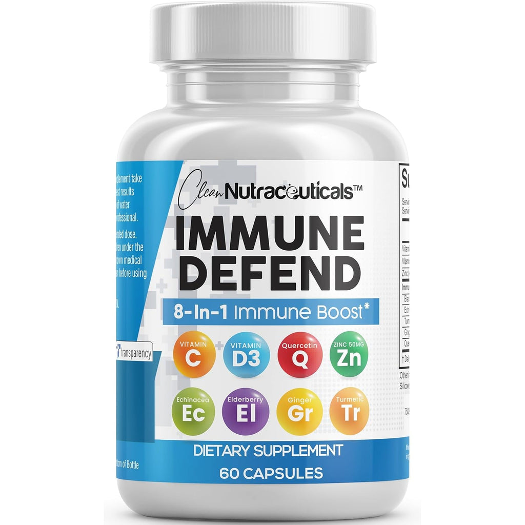 Clean Nutraceuticals Immune Defense Support Supplement 8 in 1 with Zinc 50Mg Quercetin, VIT C 1000Mg, Vitamin D3 5000 IU, Elderberry, Ginger - Immunity System Booster for Adults, Vegan - 60 Count