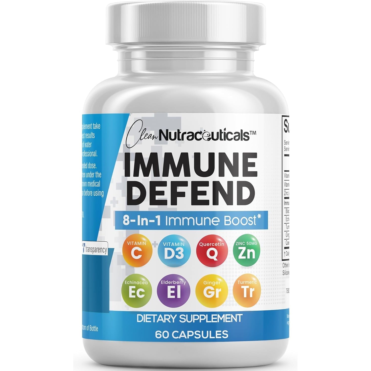 Clean Nutraceuticals Immune Defense Support Supplement 8 in 1 with Zinc 50Mg Quercetin, VIT C 1000Mg, Vitamin D3 5000 IU, Elderberry, Ginger - Immunity System Booster for Adults, Vegan - 60 Count