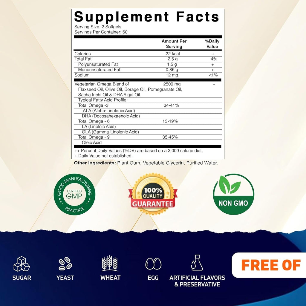 Vitamatic Vegan Omega 3-6-9 Complex 1250Mg | Flaxseed, Olive, Borage & Algae Oils | Plant-Based Omegas | 120 Softgels