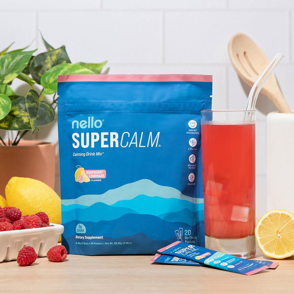 Nello Supercalm Powdered Drink Mix, Cortisol Reducer and Sleep Aid Supplement, L Theanine, Ksm-66 Ashwagandha, Magnesium Glycinate, Vitamin D 3, No Sugar, Non GMO, on the Go, 20 Ct, Raspberry Lemonade