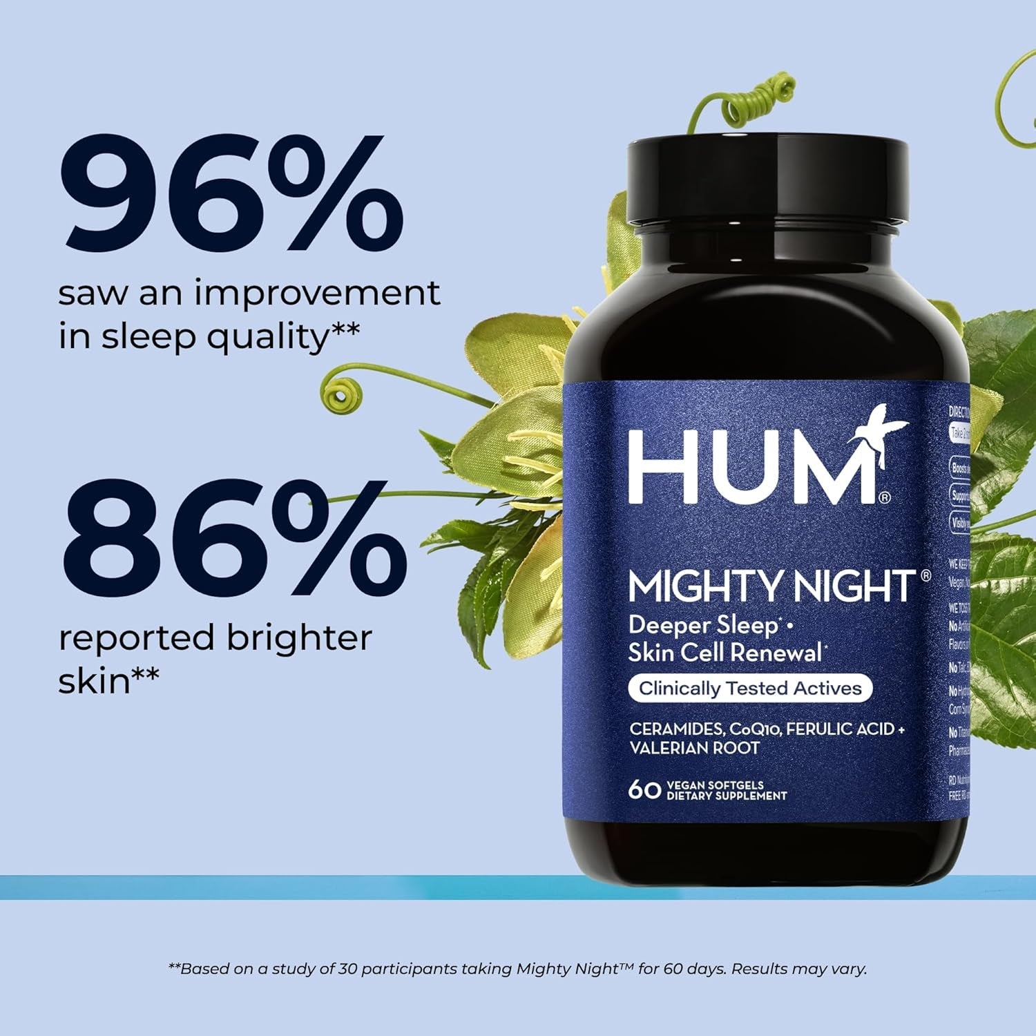 HUM Mighty Night Nighttime Sleep Supplement for Skin Care, Coq10, Valerian Root & Ferulic Acid to Support Cell Turnover, Skin Vitamins for Women and Men, Overnight Beauty Vitamins, 60 Vegan Softgels