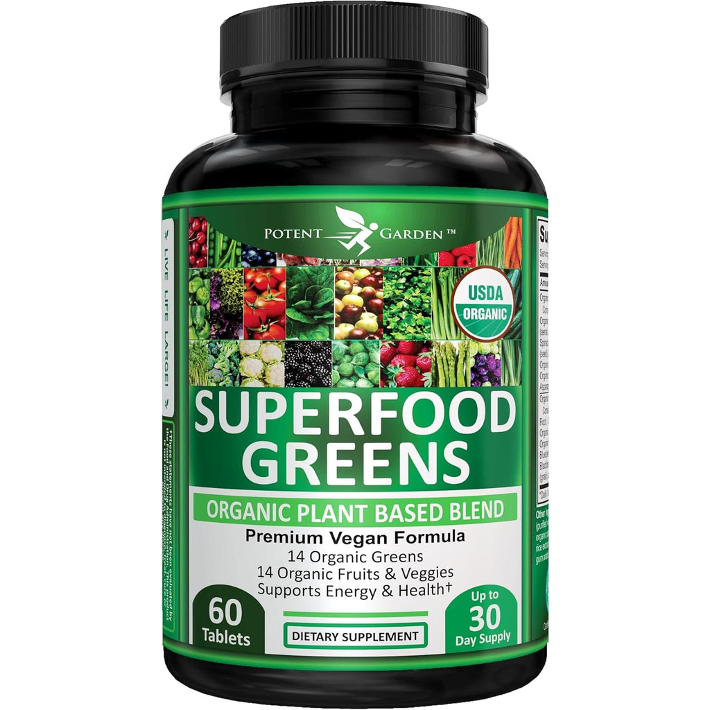Potent Garden Organic Superfood Greens, Fruit and Veggies Supplement Rich in Vitamins & Antioxidants with Alfalfa, Beet Root & Tart Cherry to Boost Energy, Immunity & Gut Health, Greens Tablets 60 Ct