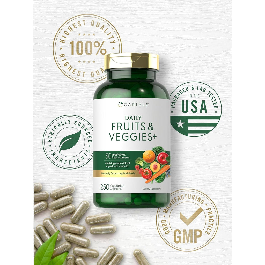Carlyle Fruits and Veggies Supplement | 250 Capsules | Made with 30 Fruits and Vegetables | Vegetarian, Non-Gmo, Gluten Free Superfood Formula