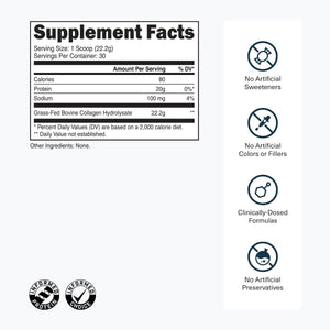 Grass-Fed Collagen Peptides Powder - Unflavored Collagen Powder for Women & Men, 22G Grassfed Bovine Hydrolyzed Collagen Peptides per Serving for Skin, Hair, Bones & Muscle Recovery - 30 Servings