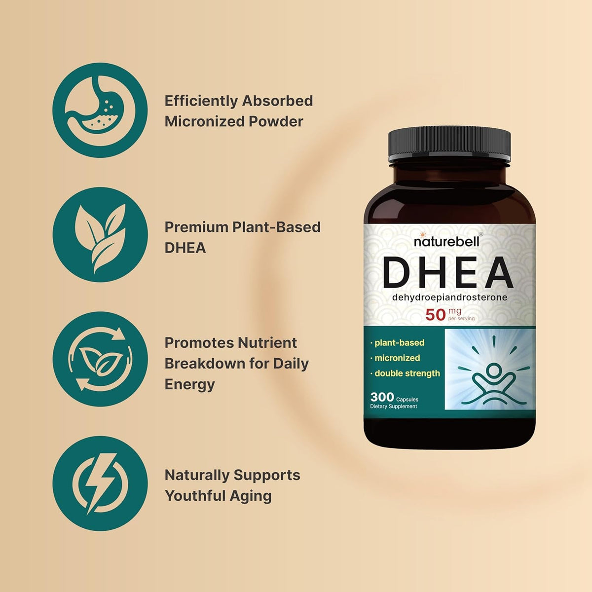 Naturebell DHEA 50Mg for Men & Women, 300 Capsules | Micronized for Better Absorption | Plant-Based Source | Supports Energy, Metabolism & Healthy Aging | Non-Gmo, Made in USA