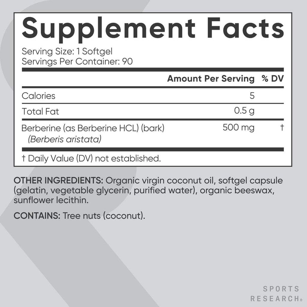 Sports Research Berberine Supplement with Coconut Oil - Herbal & Ayurvedic Metabolic Health Support - Berberine 500Mg, 90 Softgels - Gluten-Free, Non-Gmo Berberine Powder