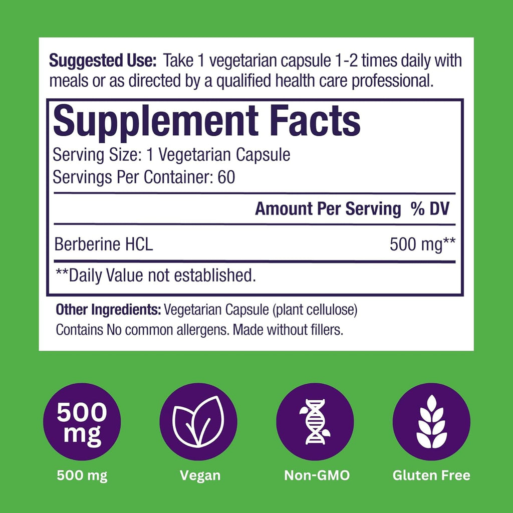 Paradise Herbs, Berberine Extract, 500 Mg, Pure & Potent Berberine Supplement, Vegan, Non-Gmo, Gluten Free, 60 Vegetarian Capsules