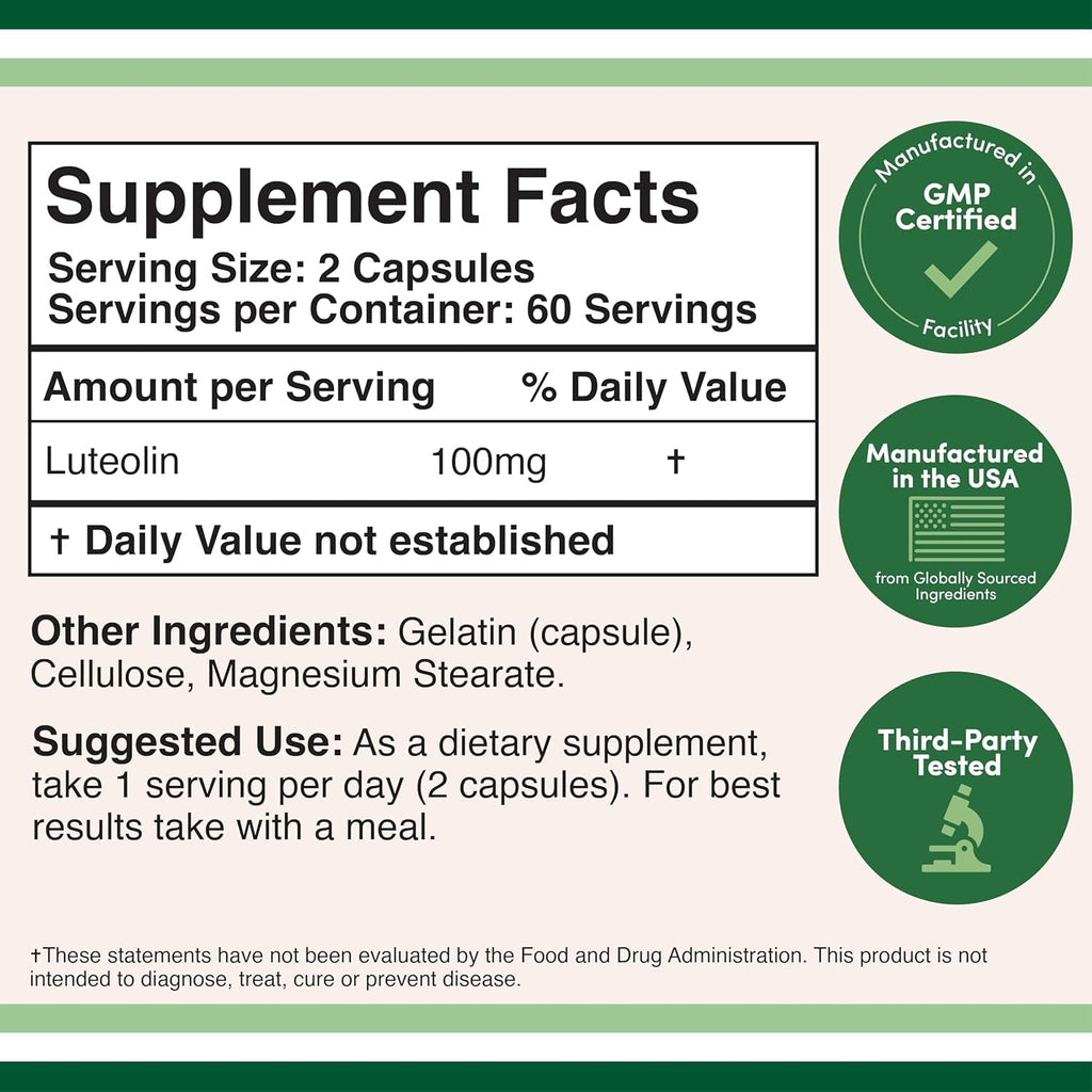 Double Wood Supplements Luteolin Supplement 100Mg Servings of Bioactive Flavanoids (120 Capsules, Gluten Free) Potent Polyphenols Flavonoid for Brain and Cardiovascular Support
