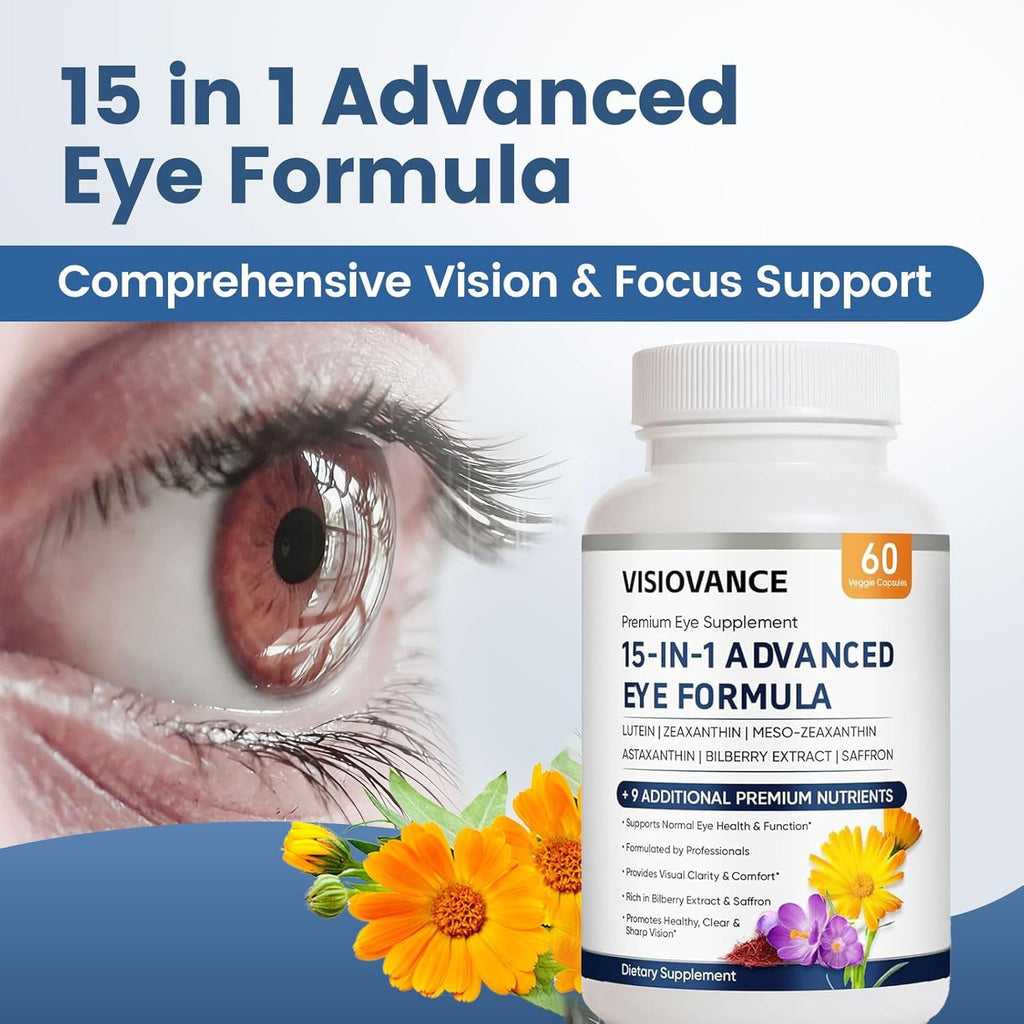 Visiovance 15 in 1 Advanced Eye Formula, Eye Vitamin and Mineral Supplement with Lutein, Zinc, Luteolin, Zeaxanthin & Bilberry Extract, 60 Count (1)