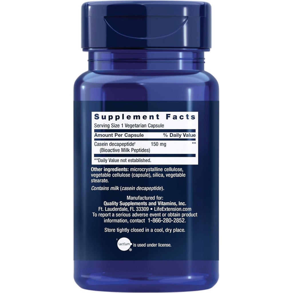 Life Extension Bioactive Milk Peptides, Healthy Mood Support, Sleep Supplement, Relaxation, Milk Peptides, Casein Decapeptide, Hormone-Free, Gluten-Free, Non-Gmo, Vegetarian, 30 Capsules