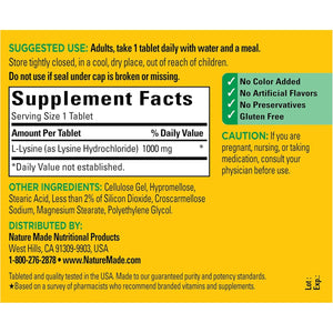 Nature Made L-Lysine 1000 Mg, Dietary L-Lysine Supplements, 60 Tablets, 60 Day Supply
