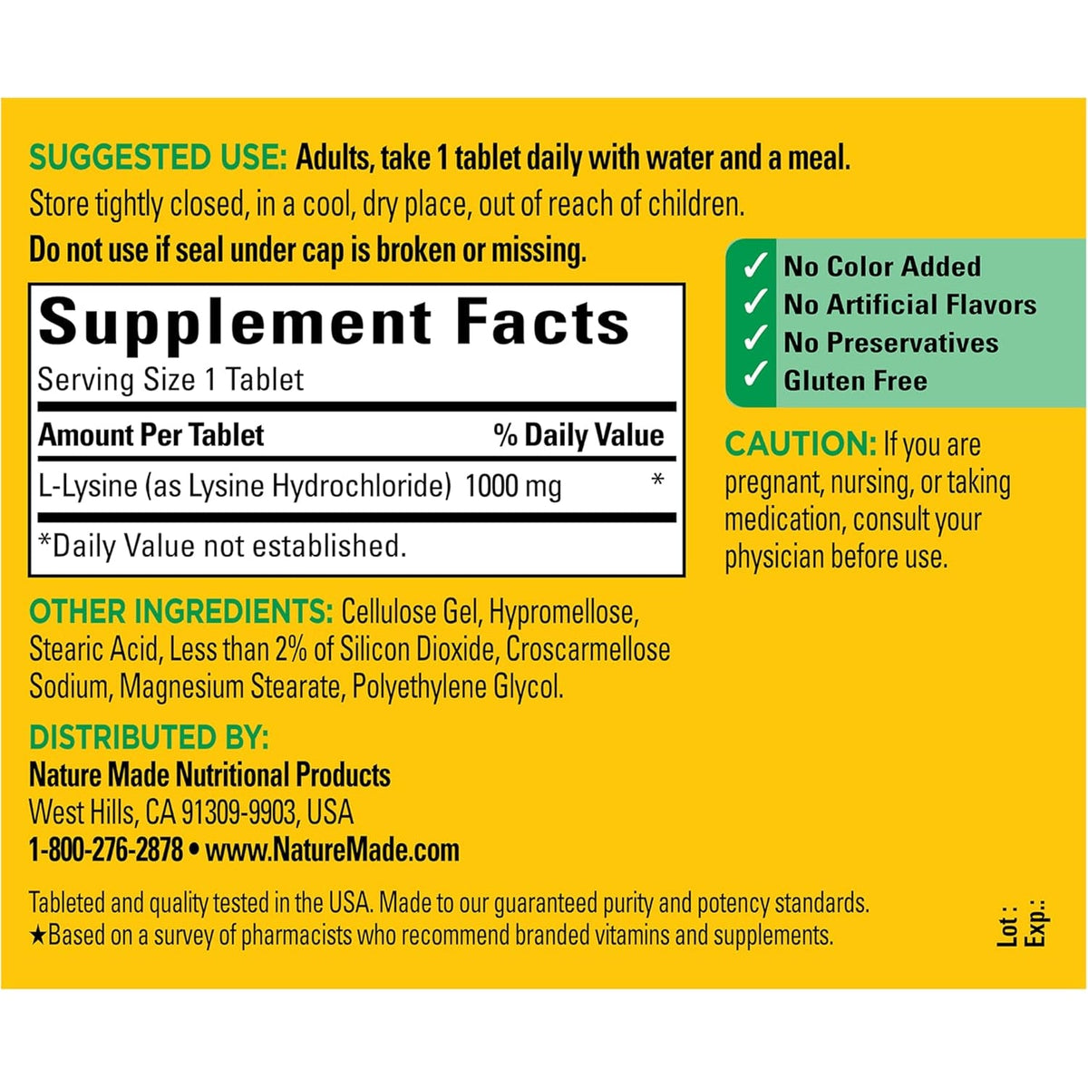 Nature Made L-Lysine 1000 Mg, Dietary L-Lysine Supplements, 60 Tablets, 60 Day Supply