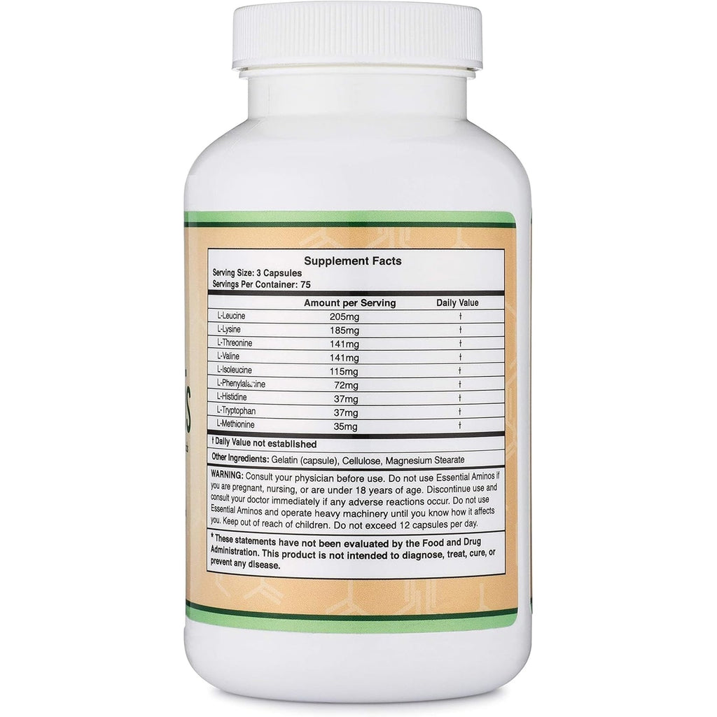 Essential Amino Acids - 1 Gram per Serving Powder Blend of All 9 Essential Aminos (EAA) and All Branched-Chain Aminos (Bcaas) (Leucine, Isoleucine, Valine) 225 Capsules, Gluten Free by Double Wood