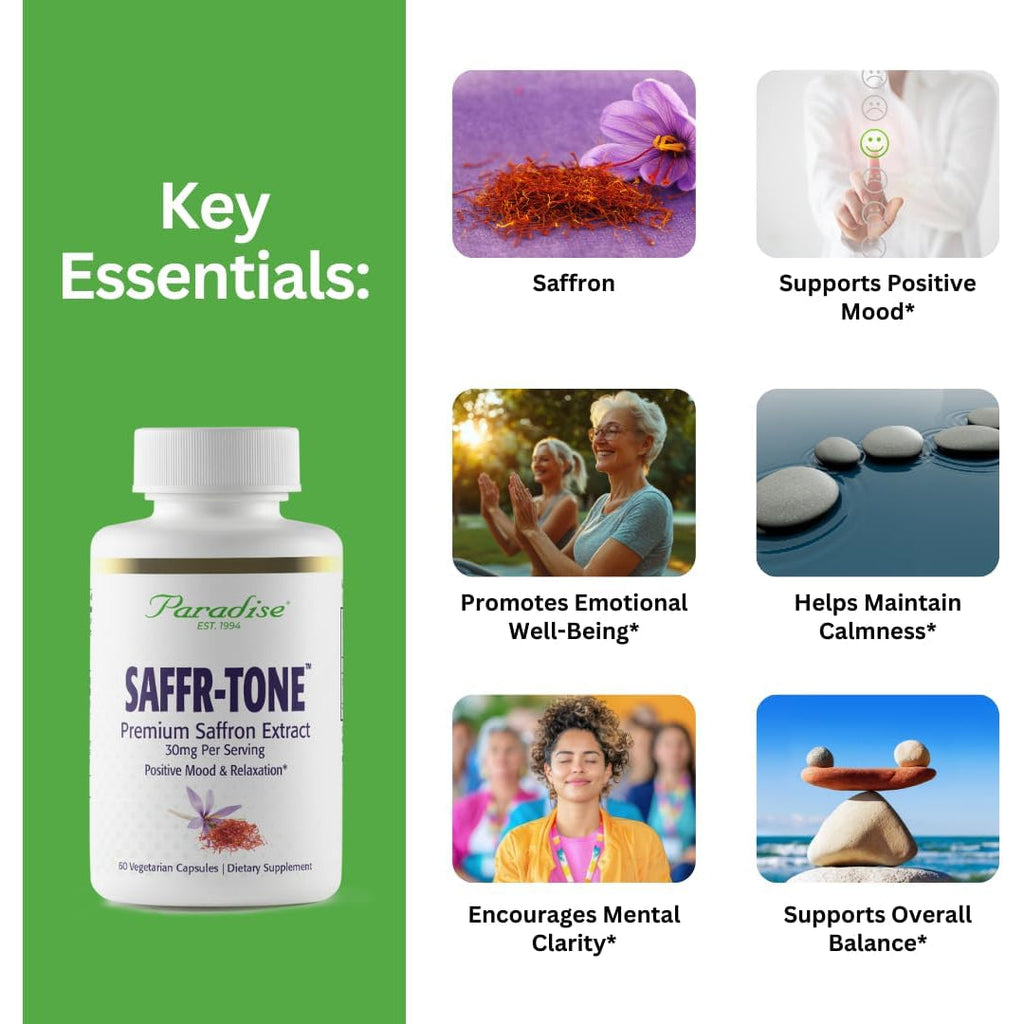 Paradise Herbs Saffr-Tone, Saffron Extract, Active Whole Spectrum Extract, Super Potent, Ultra Pure, Vegan, Non-Gmo, Gluten Free, 60 Vegetarian Capsules