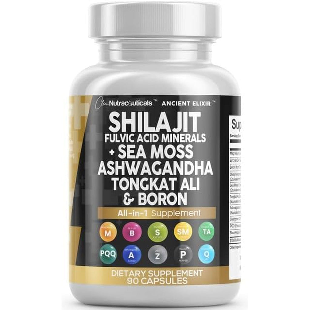 Clean Nutraceuticals Shilajit Supplement for Men with Sea Moss, Tongkat Ali, Ashwagandha, Boron, Zinc, Coq10, PQQ - Fulvic Acid Capsules - Energy Support - 90 Count - Resin, Gummy & Powder Alternative