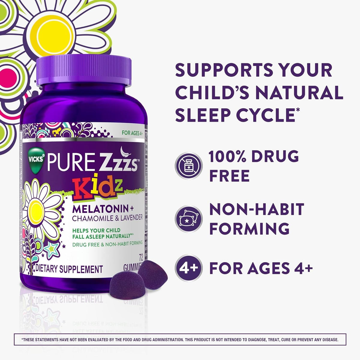 Pure Zzzs, Kidz, Kids Melatonin Gummy, Sleep Aid, Low Amount of Melatonin for Kids, with Chamomile and Lavender, 1 Mg, Berry Flavored, 72 Count