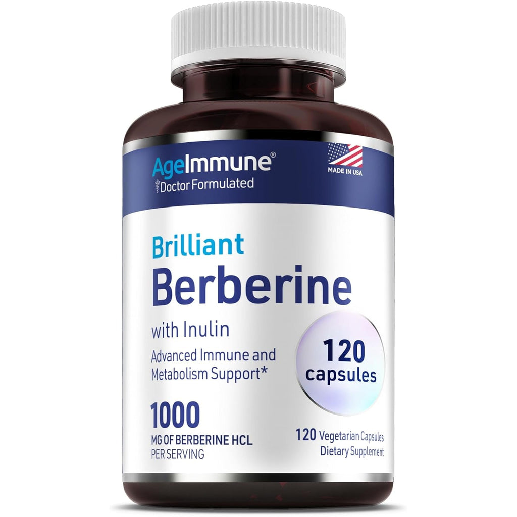 Ageimmune Berberine 1000Mg Supplement Complex with Inulin Prebiotic - Berberine HCL 500Mg per Capsule - Doctor Formulated and Third Party Tested Berberine Supplement