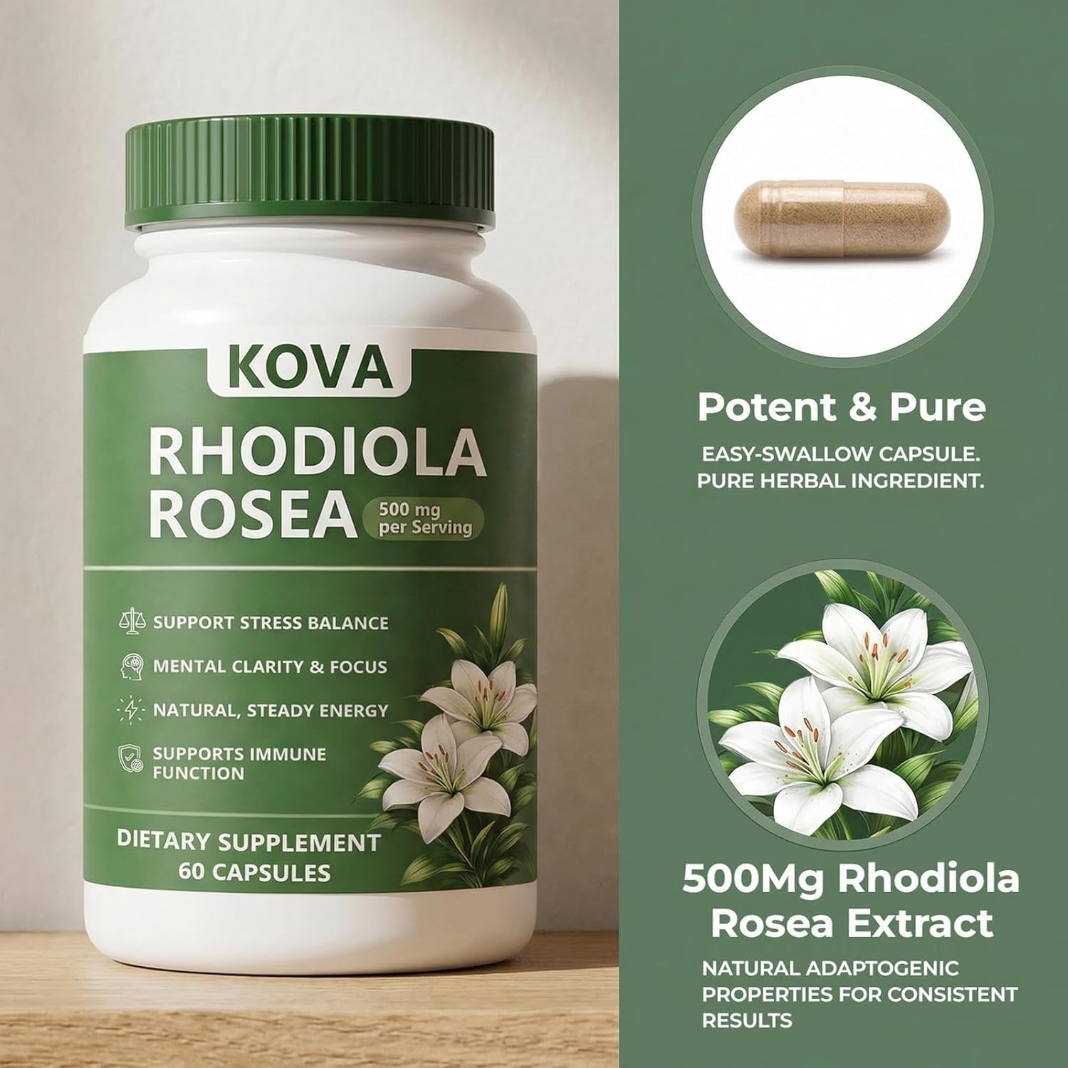 Wuliao KOVA Rhodiola Rosea Capsules, Rhodiola Rosea Extract Supplement for Balanced Cortisol - Stress & Focus Support, Metabolism, Energy & Immune Health – 60 Capsules (1)