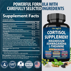 Strongvit Cortisol Supplements for Women and Men with Magnesium, Ashwagandha & L-Theanine. High Cortisol Reducer, Manager, Detox, Lower and Control. Sleep Support & Stress Relief, USA