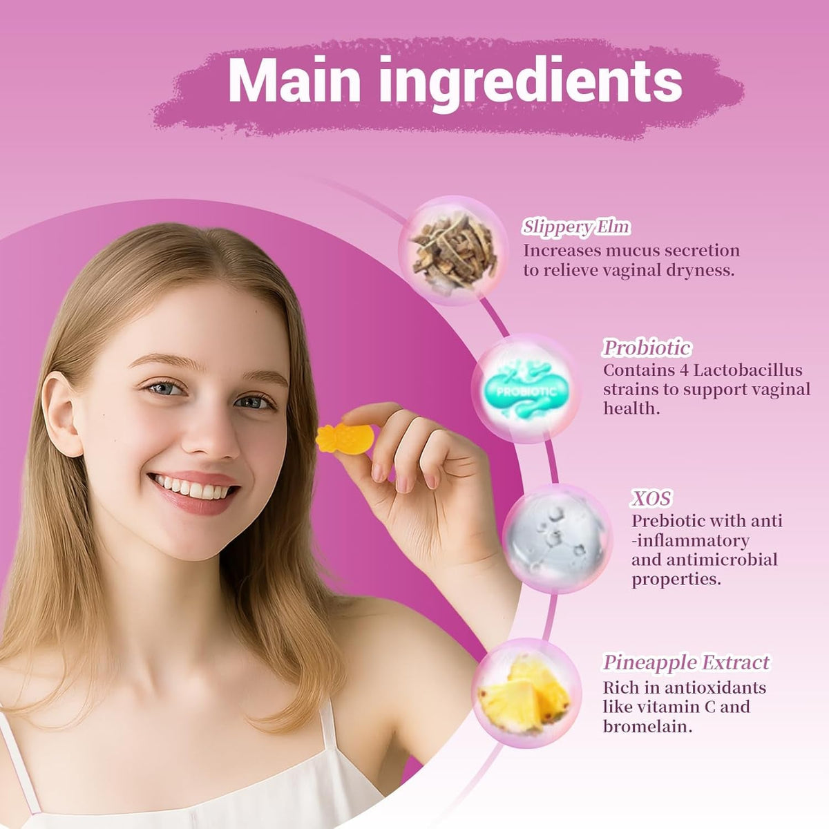 Her Juicy Feminine Probiotics Gummies for Women, with Prebiotics & Slippery Elm - Promotes Ph Balance, Gut Health & Immune Support - Pineapple Flavor, 60 Count