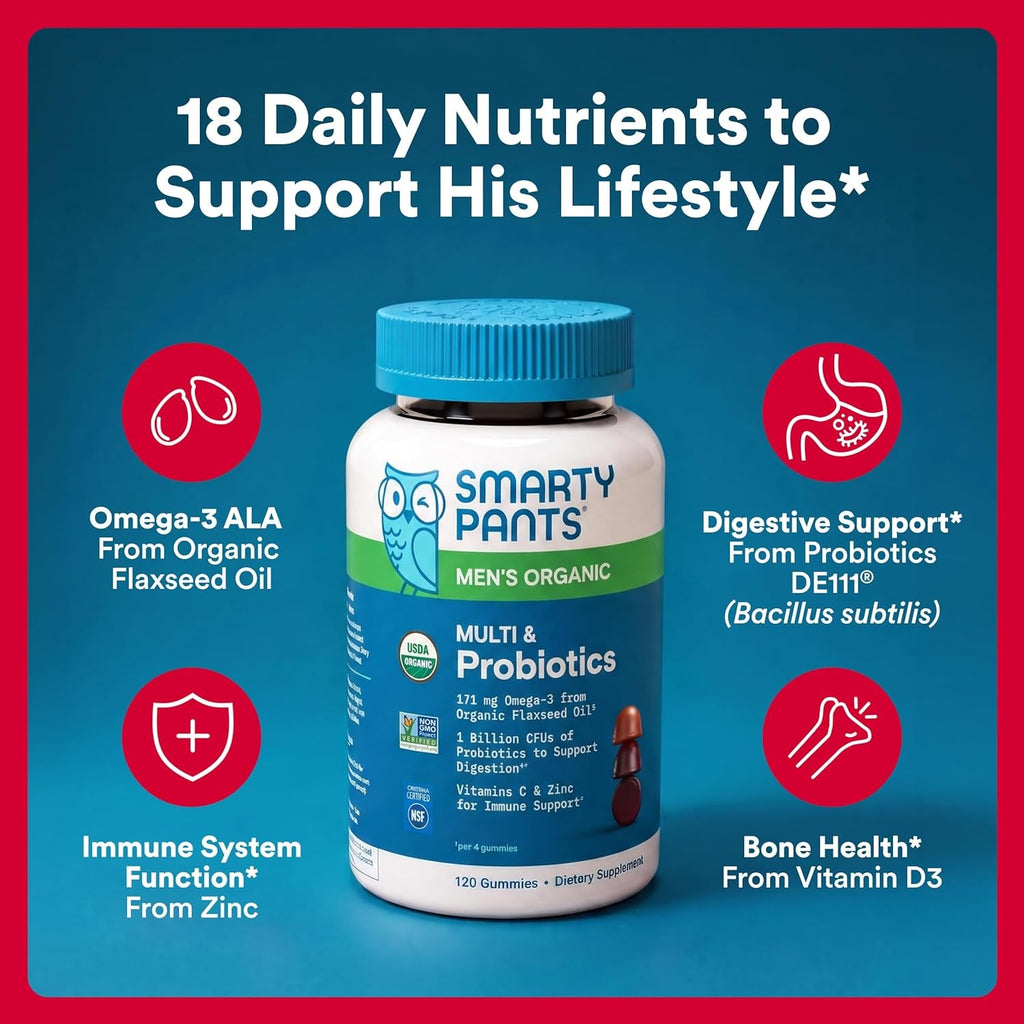 Smartypants Multivitamin for Men, Organic Gummies: Probiotics, Coq10, Methylfolate, Omega 3 (ALA), Vitamin D3, C, Vitamin B12, B6, A, K & Zinc for Immune Support, Biotin, 120 Gummies (30 Day Supply)
