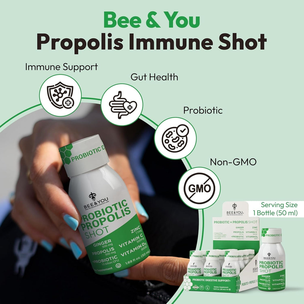 Bee and You Propolis Immune Shot, Probiotic, Vitamin C, Vitamin D3, Zinc, Ginger, Immune Support, Gut Health, Digestive Health, Bioactive 1.69 Fl. Oz, 12 Pack