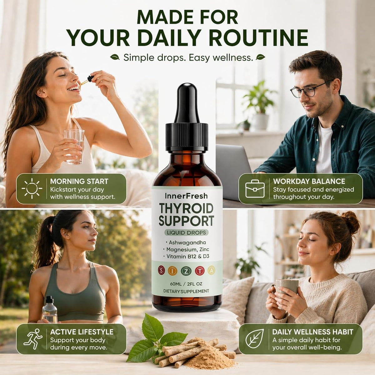 Thyroid Support Drops, Thyroid Support Liquid Drops for Women & Men, with Ashwagandha, Vitamin B12 & D3 and Magnesium, Help Support Mood, Promote Metabolism, 60 ML/2FL OZ