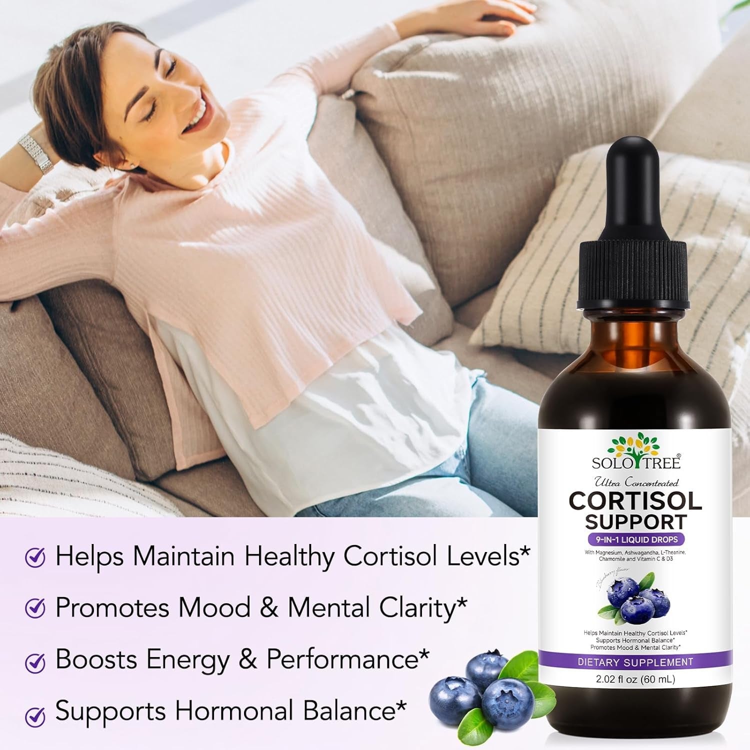 NIFEISHI Cortisol Reducer & Manager Liquid Drops for Women & Men | Cortisol Supplements with Ashwagandha & Magnesium | 9-In-1 Stress & Mood Support, Blueberry Flavor-2.02 Floz