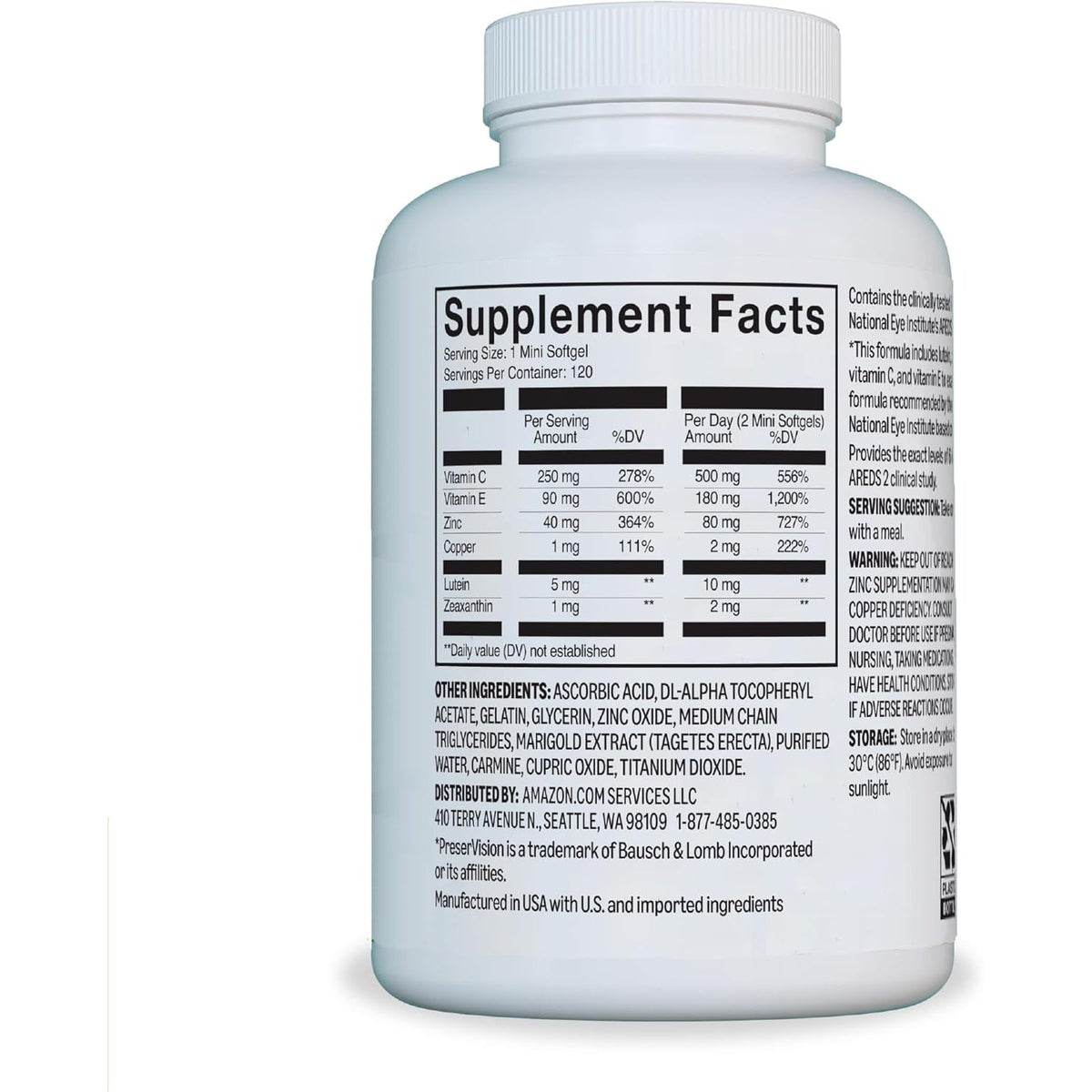 Amazon Basics Eye Vitamin and Mineral Supplement, AREDS 2 Formula with Lutein & Zeaxanthin, 120 Softgels