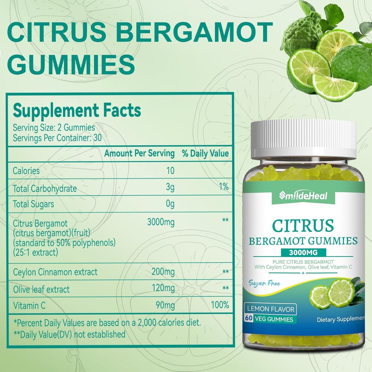 Citrus Bergamot Gummies 3000Mg, Bergamot Supplement for High Cholesterol, Cholesterol Lowering Supplement for Heart, Immune System & Anti-Aging, Sugar Free Vegan 60 Gummies