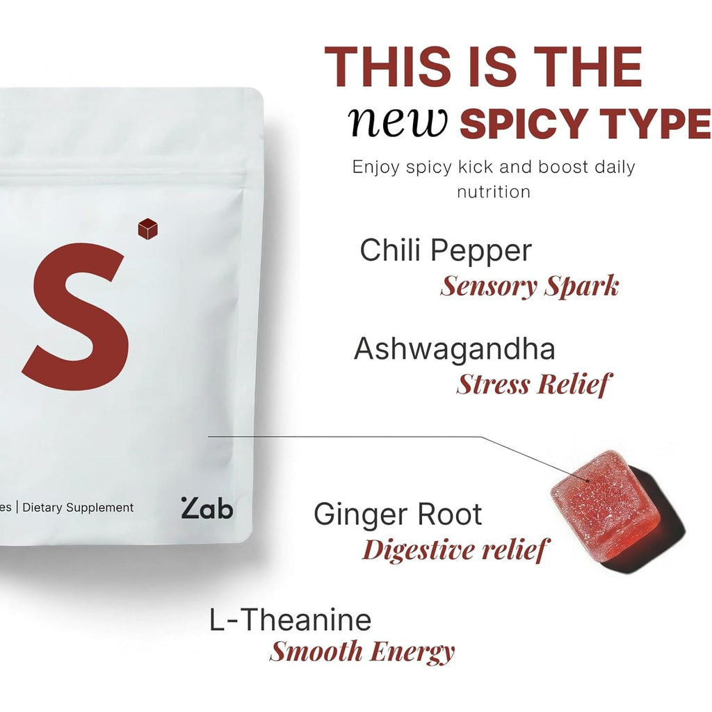 ZAB Spicy Gummies Ashwagandha 45Mg with L-Theanine & Caffeine – Energy, Calm & Mood Support Gummies for Couples – Vegan Yellow Peach Flavor Cubes, 60 Count