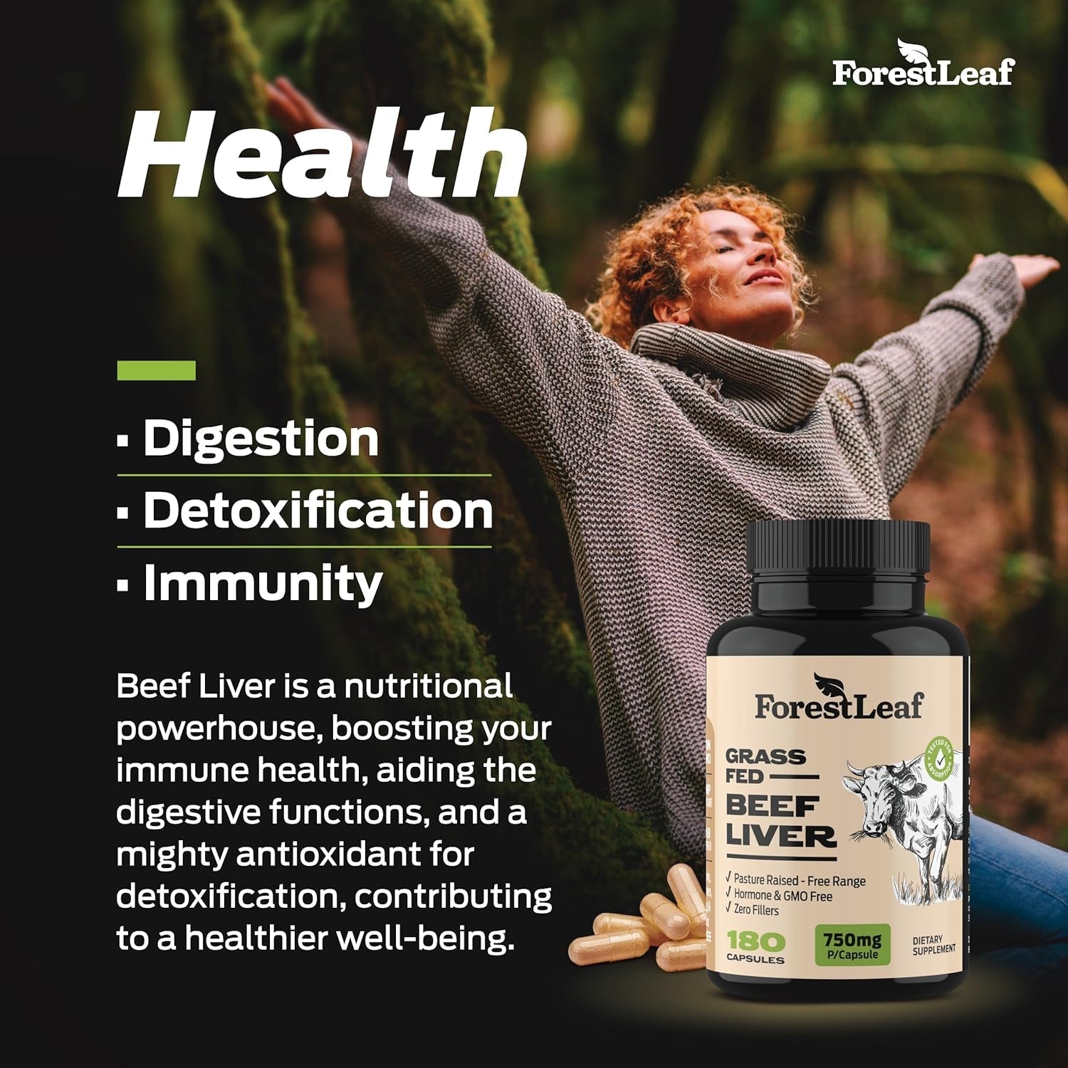 Forestleaf Grass Fed Beef Liver Capsules, 3000Mg per Serving, Supports Immunity & Body Wellness, Cleansing, Digestion, Natural Iron, Vitamin a and B12, Freeze Dried Beef Liver Supplement, 180 Caps