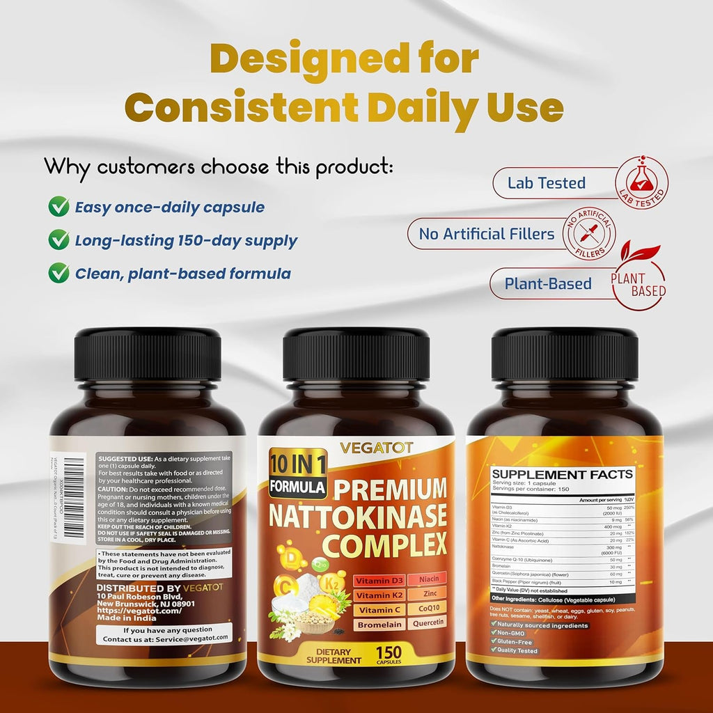 VEGATOT Organic Nattokinase Complex - 10IN1 Formula Vitamin D3, Niacin, Vitamin K2, Zinc, Coq10, Quercetin (150 Count (Pack of 1))