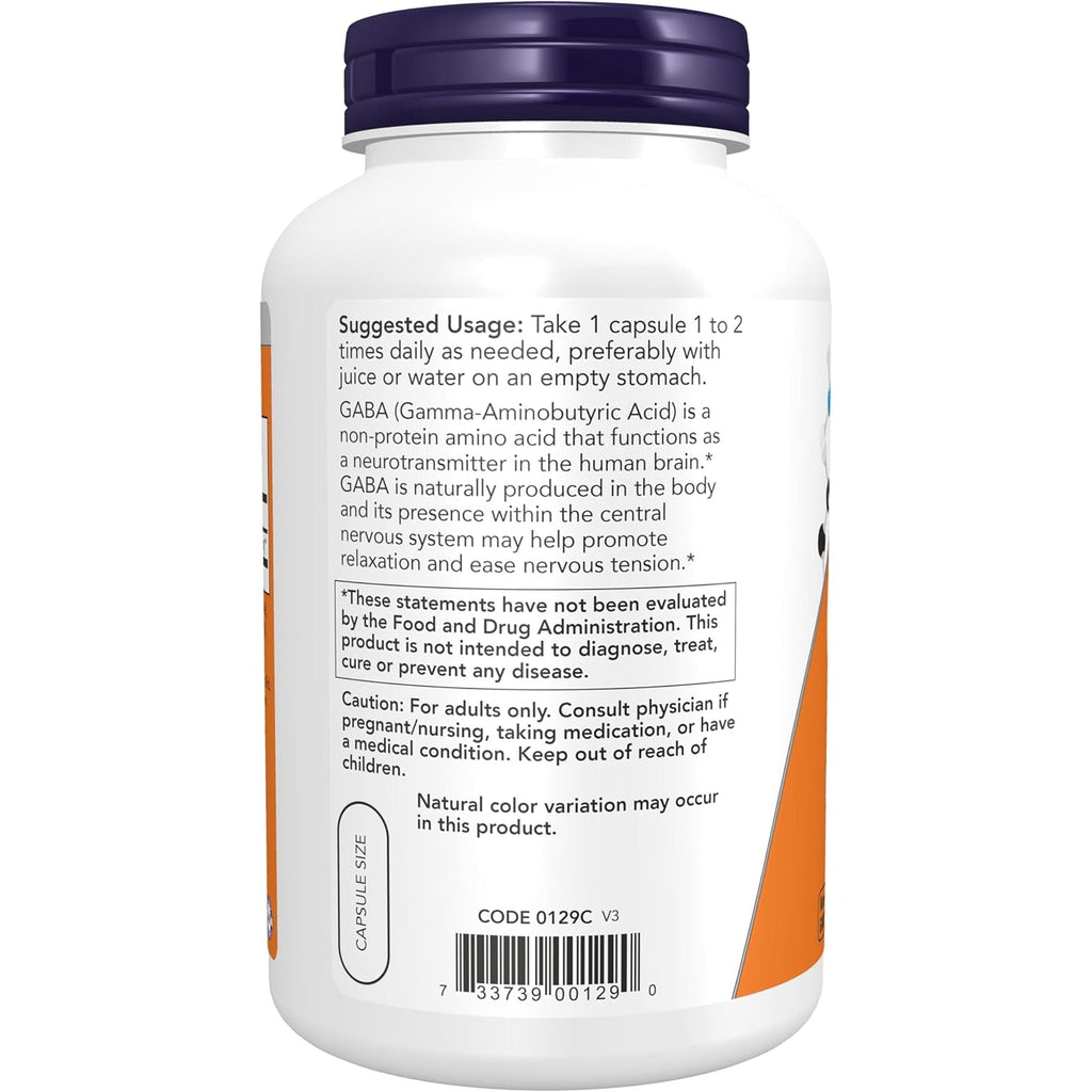 NOW Foods Supplements, GABA (Gamma-Aminobutyric Acid) 750Mg, Neurotransmitter Support*, 200 Veg Capsules