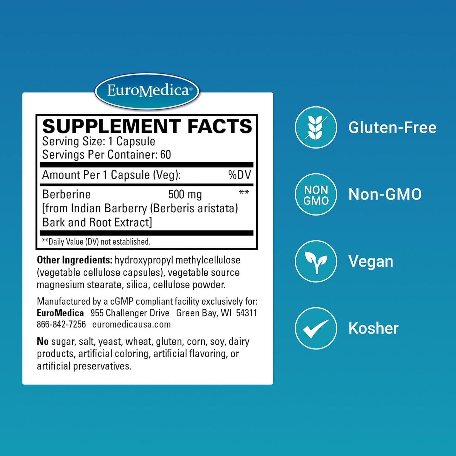 Euromedica Berberine 500 Mg - Brain & Liver Health Support Supplement - Dietary Supplement with Indian Barberry Root Extract - Vegan Capsules for Metabolic Health Support - 60 Capsules