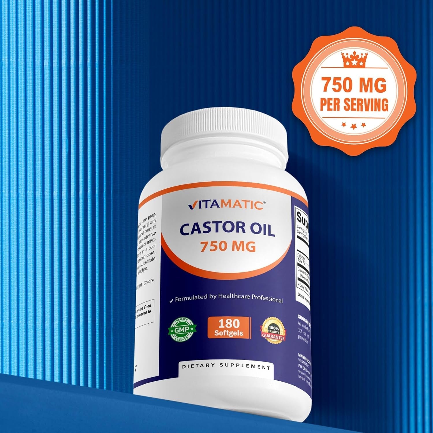 Vitamatic Castor Oil Softgels 750 Mg | Cold Pressed | 180 Softgels | Easy-To-Swallow