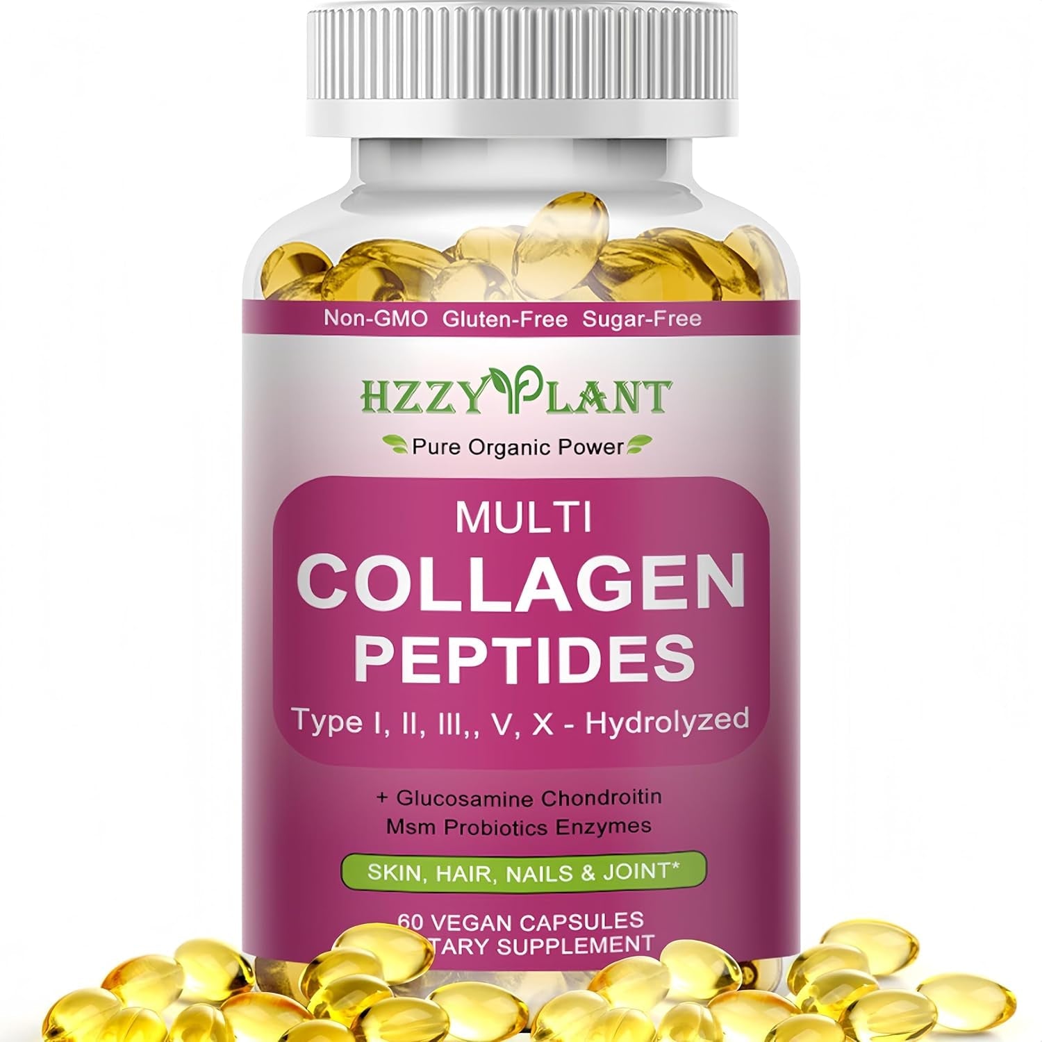 Multi Collagen Peptides Softgel - Type I, II, III, V, X - Hydrolyzed Collagen Peptides with Biotin Vitamin C Hyaluronic Acid for Women & Men, Supports Skin Hair Nail & Joint, Non-Gmo, 60 Servings