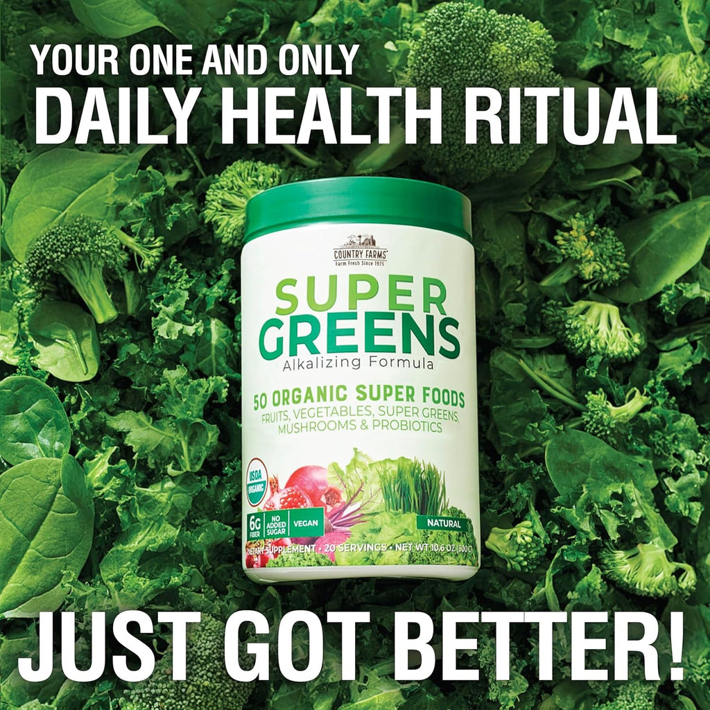 Country Farms Organic Super Greens Powder, 50 Organic Superfoods, Daily Greens Drink Mix with Fruits, Vegetables, Fiber, Probiotics & Mushrooms, Supports Energy, Gut Health & Digestion, Natural Flavor