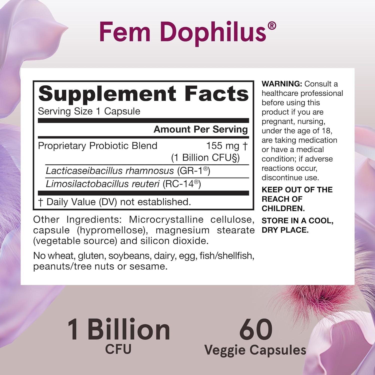 Jarrow Formulas Fem-Dophilus Vaginal Probiotics 1 Billion CFU with 2 Science-Backed Strains, Dietary Supplement for Vaginal & Urinary Tract Support, 60 Capsules, 60 Day Supply, Shelf-Stable Probiotics