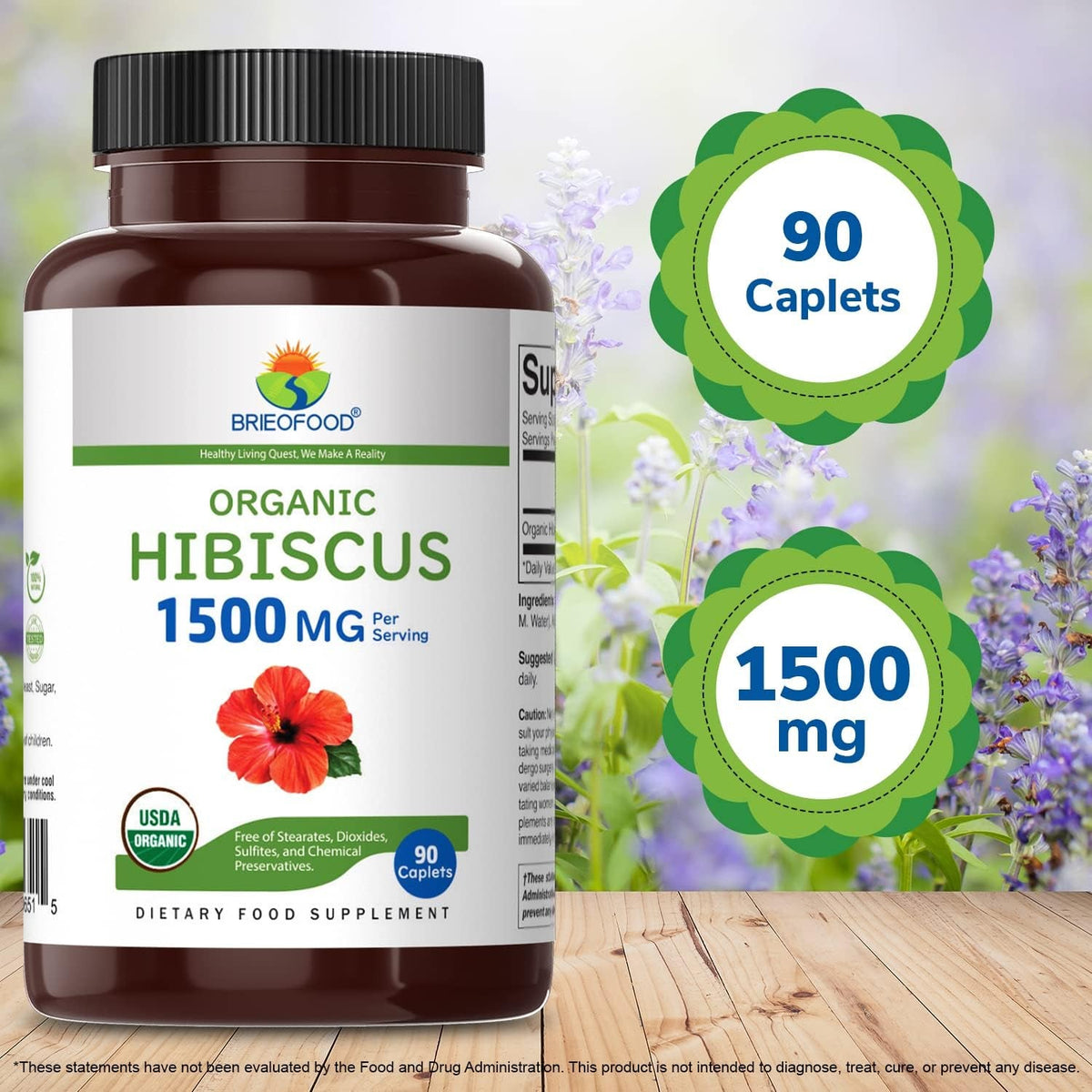 Brieofood Organic Hibiscus 1500Mg, 45 Servings, Vegetarian, Gluten Free, 90 Vegetarian Tablets