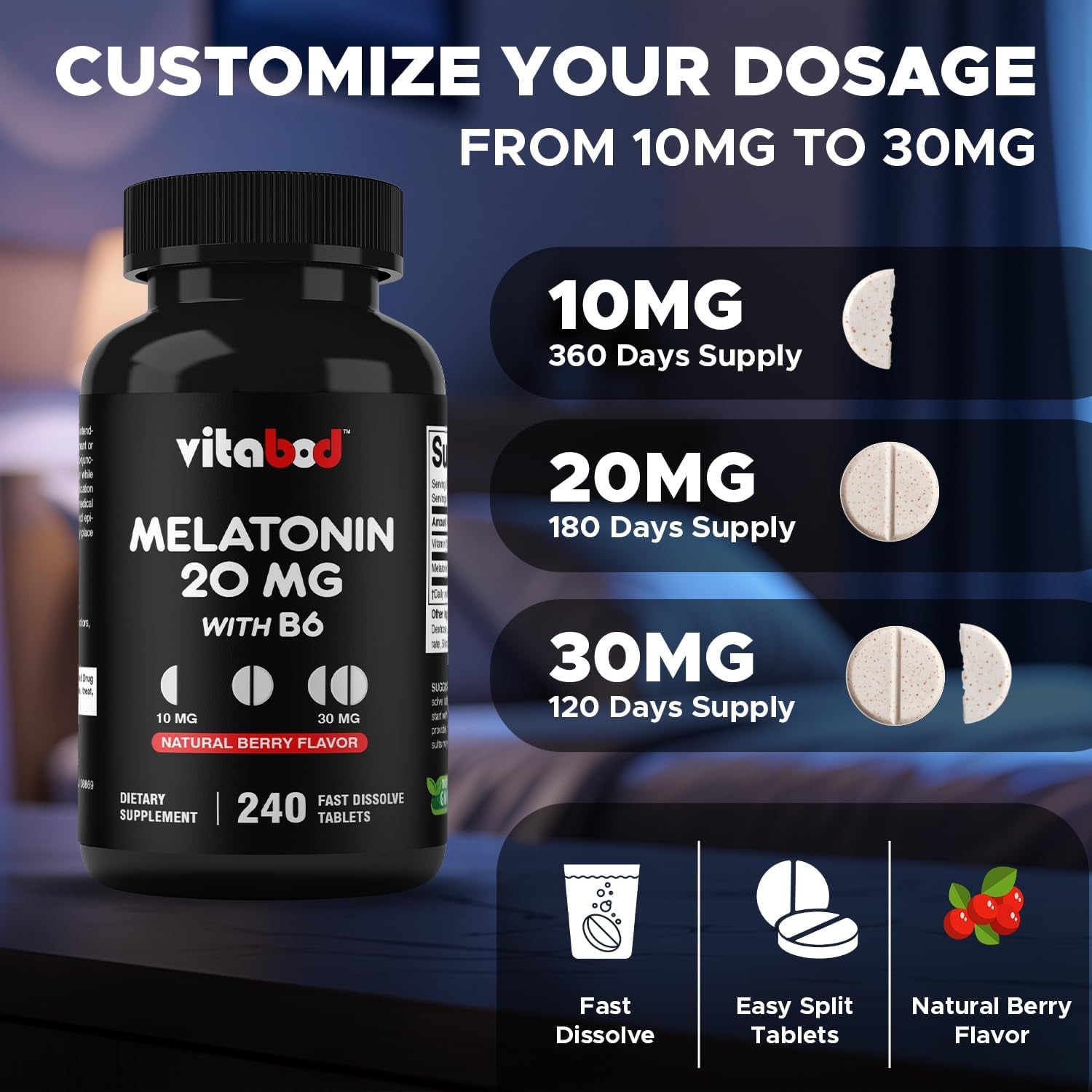 Vitabod Melatonin 20 Mg - 240 Fast Dissolve Tablets - Drug Free - Natural Berry Flavor - Vegetarian, Non-Gmo, Gluten Free 240 Count (Pack of 1) (240 Count (Pack of 1))