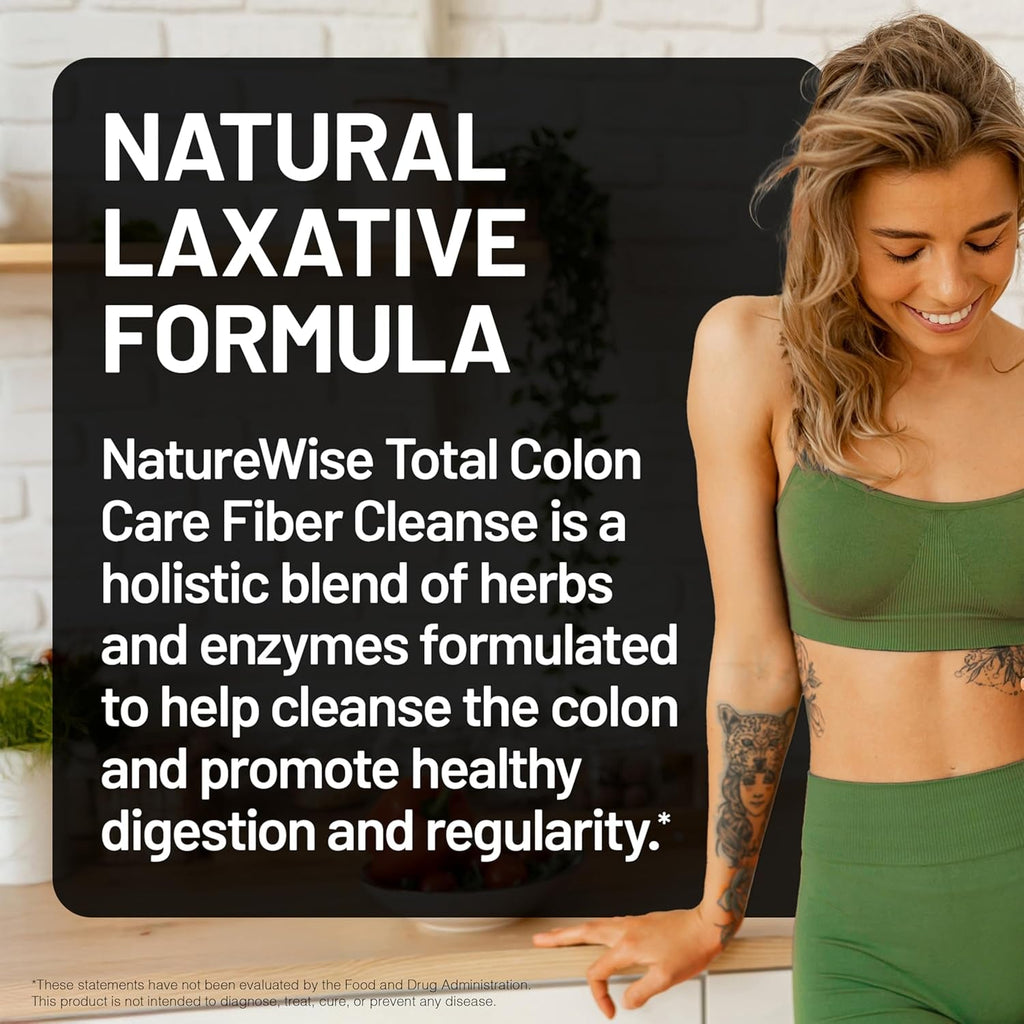 Naturewise Total Colon Care Fiber Cleanse - Natural Laxative Blend - Herbal Laxatives, Prebiotics, & Enzymes for Regularity, Digestion, Weight & Gut Health - Non-Gmo - 60 Capsules[30-Day Supply]