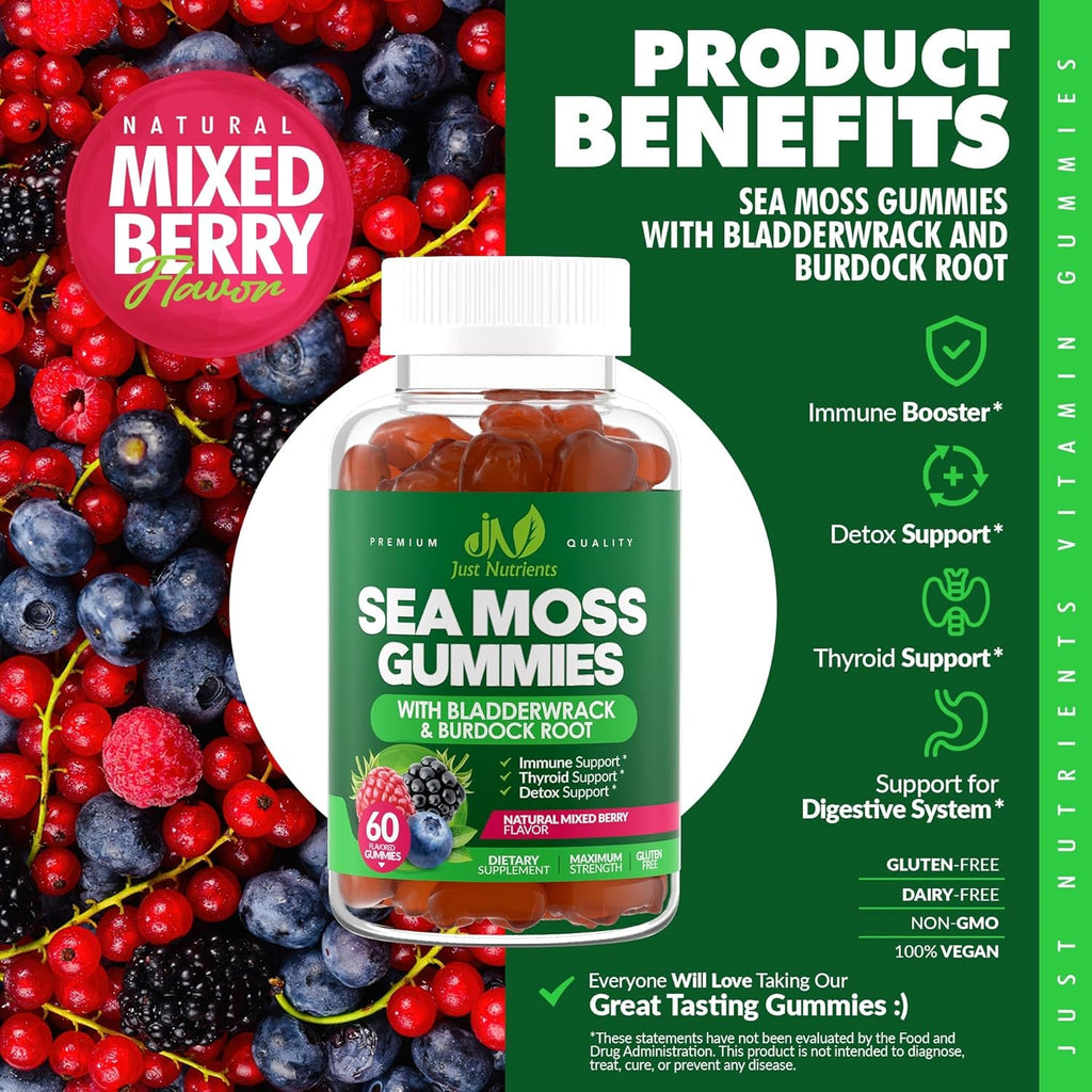 Sea Moss 3000Mg Gummies with Bladderwrack and Burdock Root - Natural Irish Sea Moss Superfood for Immune, Thyroid and Detox Support - Extra Strength for Men & Women - Gluten-Free, Vegan - 60 Gummies
