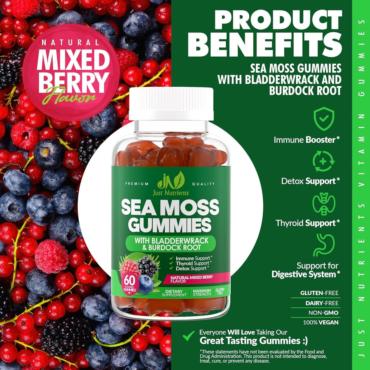Sea Moss 3000Mg Gummies with Bladderwrack and Burdock Root - Natural Irish Sea Moss Superfood for Immune, Thyroid and Detox Support - Extra Strength for Men & Women - Gluten-Free, Vegan - 60 Gummies