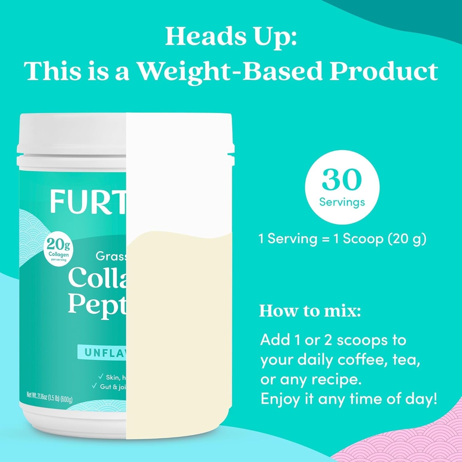 Further Food Unflavored Collagen Peptides Powder - 100% Grass-Fed, Hydrolyzed Type 1 & 3, 20G of Collagen per Serving, Supports Skin, Hair, Nails & Joints, 21.16 Oz
