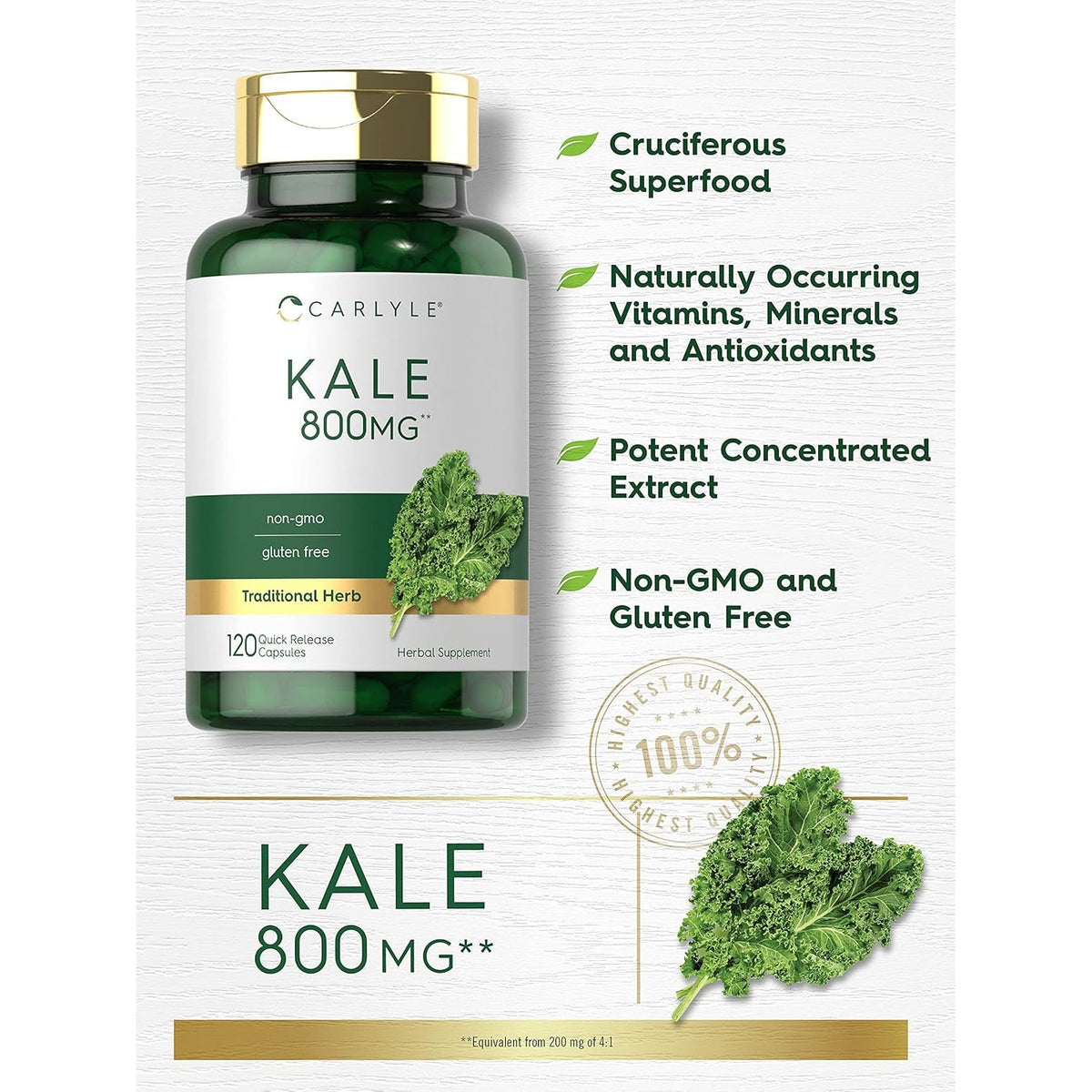 Carlyle Kale Supplement | 120 Capsules | Herbal Leaf Extract Formula | Non-Gmo & Gluten Free