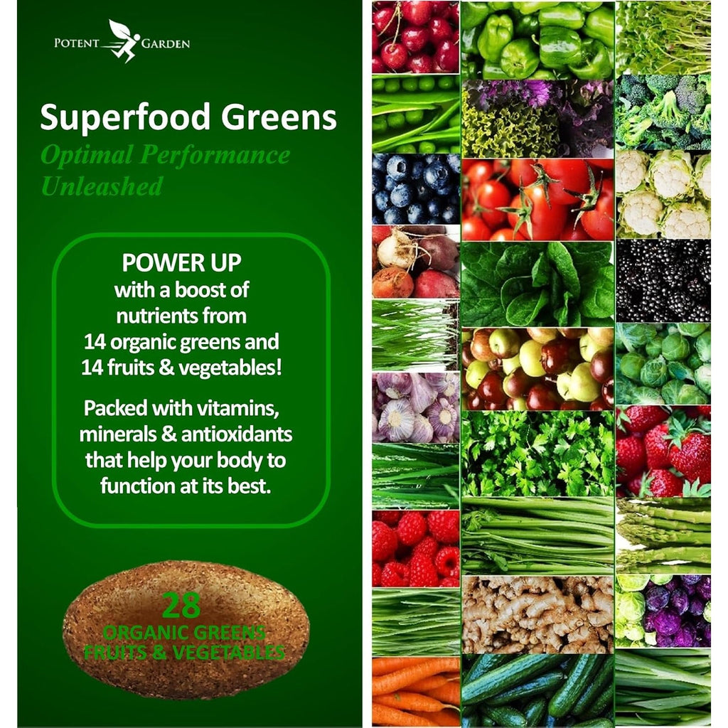 Potent Garden Organic Superfood Greens, Fruit and Veggies Supplement Rich in Vitamins & Antioxidants with Alfalfa, Beet Root & Tart Cherry to Boost Energy, Immunity & Gut Health, Greens Tablets 60 Ct
